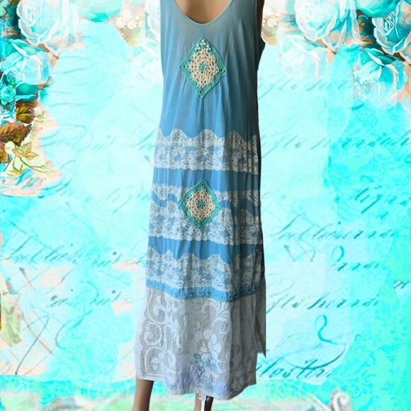 Ocean Blue Handmade Dress Vintage Embroideries,, Crochet and Romantic - Large - Picture 8 of 8